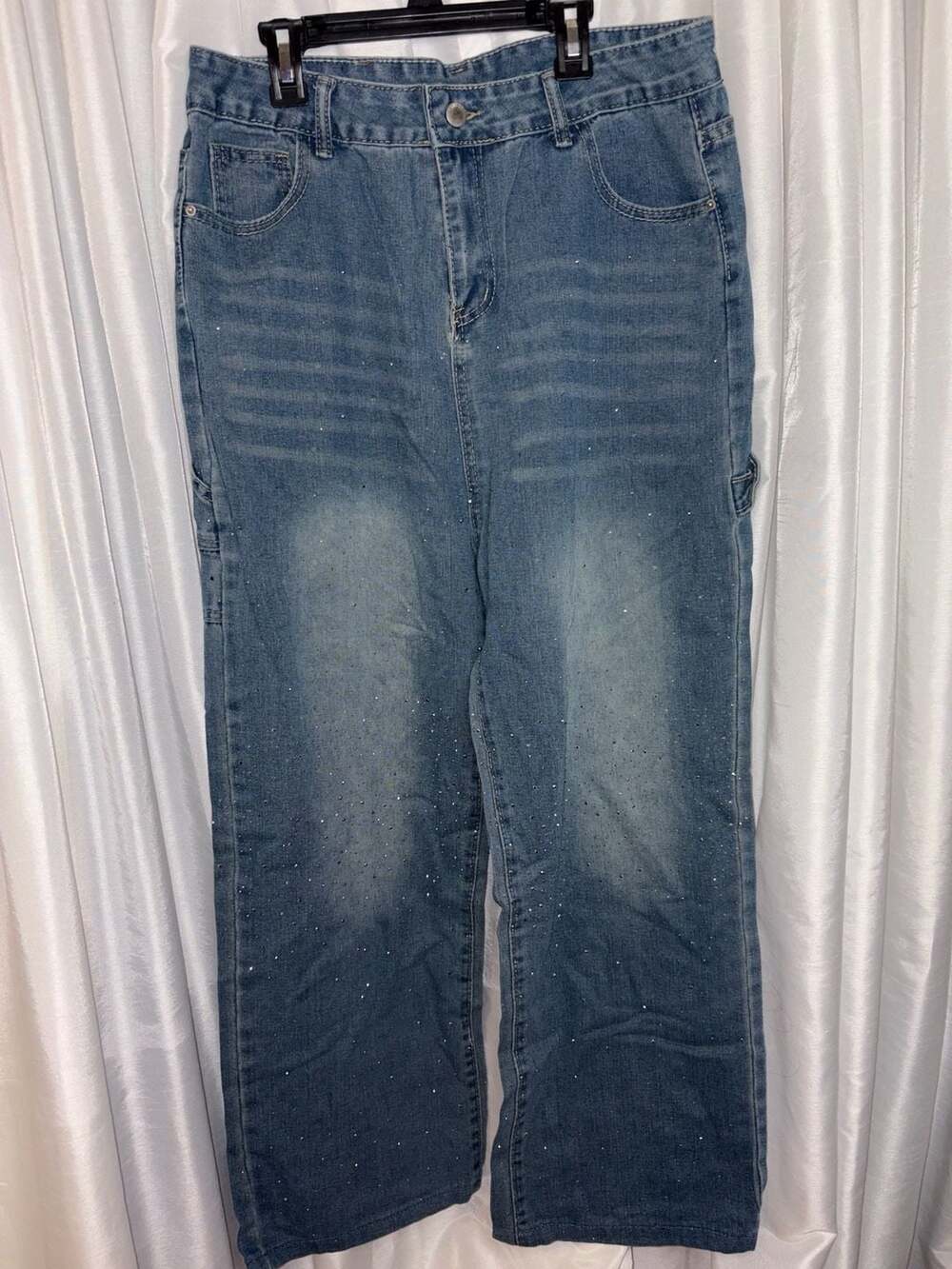 High Waisted Baggy Jeans for Women Rhinestone Diamond Straight Loose Jeans